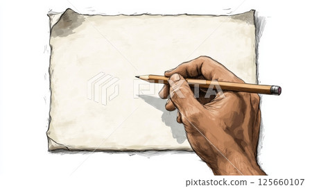 Hand drawing on blank aged paper with pencil, creativity and inspiration concept 125660107