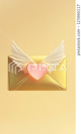 Golden envelope with heart and wings on pastel background, romantic message concept 125660117