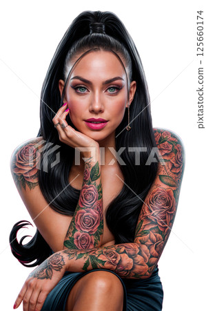 Portrait of a girl with a tattoo of scarlet roses Portrait of a girl with a tattoo of scarlet roses 125660174
