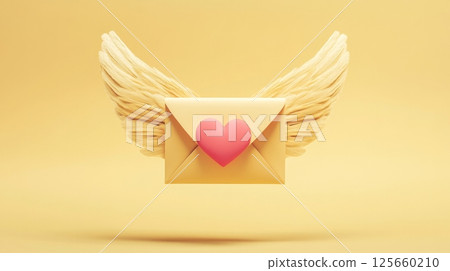 Envelope with wings and heart symbol, representing love and communication, isolated on yellow background. Concept of romance and messaging 125660210