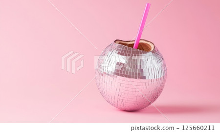 Disco ball coconut drink on pink background, playful and creative concept 125660211