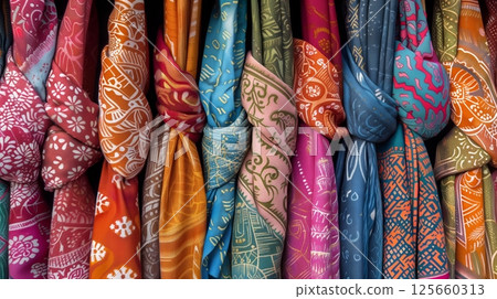 Batik scarves are beautifully arranged, showcasing intricate patterns and vibrant hues that captivate. 125660313