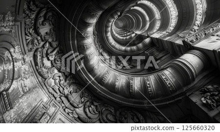 Monochrome architectural photography highlights intricate details, emphasizing beauty and unnoticed contrasts. 125660320