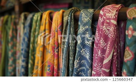 Colorful block-print scarves are artfully arranged in a vibrant, eye-catching display. 125660347