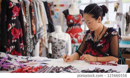 A female fashion designer sketches clothing designs in her vibrant, mannequin-filled studio. 125660356