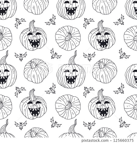 Seamless pattern with cute hand drawn Halloween jack-o-lantern pumpkins 125660375
