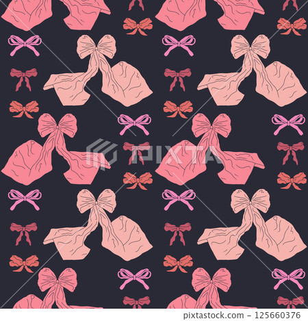 Seamless pattern with cute hand drawn fancy pink bow knots. Pretty retro coquettes wallpaper. Vintage romantic repeat background for wedding, birthday or Valentines decoration 125660376