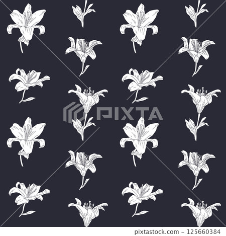 Monochrome vintage seamless pattern with hand drawn lily flowers white silhouette on black background 125660384
