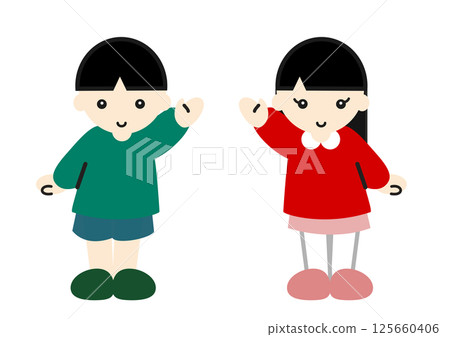 Asian boy and girl waving 125660406