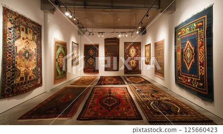 Carpet art pieces are beautifully showcased in a well-lit gallery, highlighting intricate designs and vibrant colors. 125660423