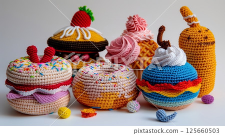 Amigurumi food items, with their realistic textures and vibrant colors, are delightful decorations or unique gifts. Amigurumi food items, with their realistic textures and vibrant colors, are delightful decorations or unique gifts. 125660503