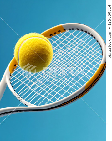 Tennis play on court in summer. close up of tennis racket with balls. AI Generated. 125660514