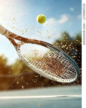 Tennis play on court in summer. close up of tennis racket with balls. AI Generated. 125660516