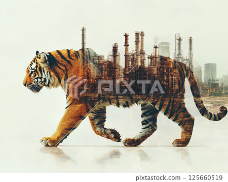 double exposure effect of tiger walking and Industrial plant. Pollution from factories causes global warming. AI Generated. 125660519