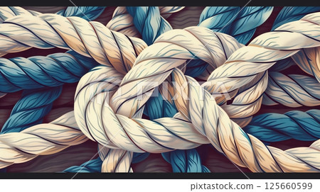 An intricate sailor's knot highlights nautical artistry and precision in rope work. 125660599