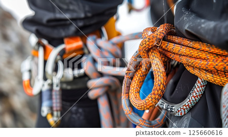 Climbing gear must have secure knots like the figure-eight follow-through and double fisherman's knot. 125660616