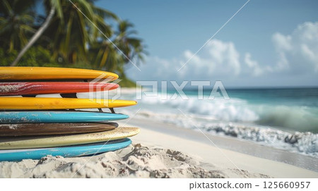 Stack of colorful surfboards under palm trees on sandy tropical beach. Summer, surfing and sports scene. Banner suitable for beach lifestyle and water sports, active vacation themes. 125660957