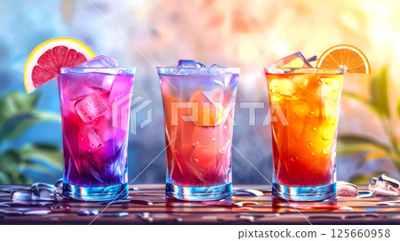 Three tall glasses filled with colorful tropical drinks, cocktails on ice and garnished with citrus wedges sit on a wooden table, creating a lively beach atmosphere. 125660958