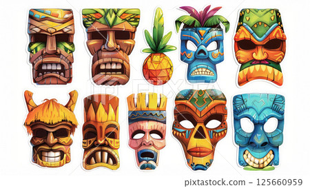 A colorful set of cartoon tiki mask stickers and tribal elements in a playful design, perfect for tropical themes, summer parties or cultural decorations. 125660959