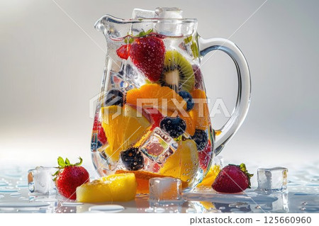 A refreshing glass pitcher filled with colorful fruits and ice cubes, perfect for a chilled summer drink or festive punch on a bright day 125660960