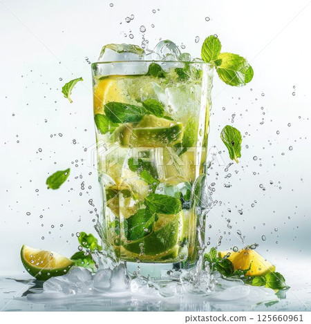 Glass of refreshing Mojito drink with ice cubes, lime and mint leaves in splashes of water on white background. Summer cocktail for parties and relaxation 125660961