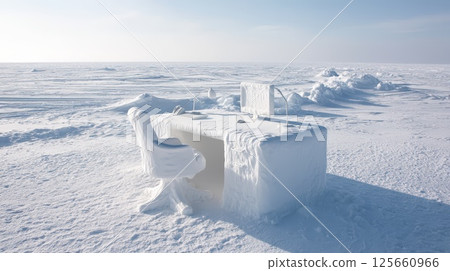 Frozen Office Workspace Amidst a Snowy Deserted Landscape Under Clear Skies 125660966