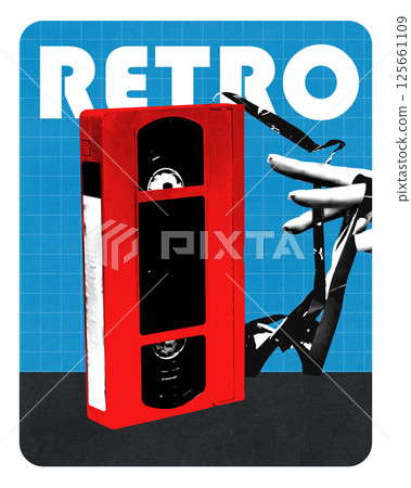 Bright red VHS tape next to hand holding magnetic strip with RETRO label above. 125661109