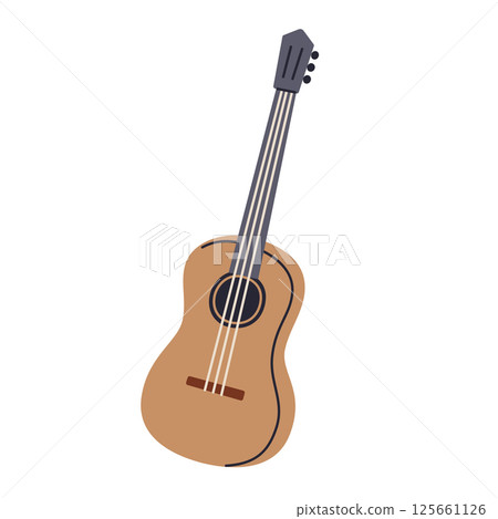 Flat cartoon vector illustration of classical guitar. Musical instrument used for acoustic performances and practice, simple doodle icon, playing music, isolated colored clipart on white background 125661126