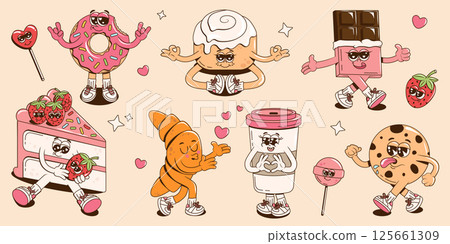 A collection of groovy cheerful desserts characters. Retro cartoon stickers, stamps, patches or mascots for cafe. Funky vector illustration with a donut, cake, chocolate, coffee, croissant and cookie. A collection of groovy cheerful desserts characters. Retro cartoon stickers, stamps, patches or mascots for cafe. Funky vector illustration with a donut, cake, chocolate, coffee, croissant and cookie. 125661309