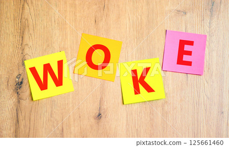 Woke question symbol. Concept word Woke question on beautiful colored paper. Beautiful wooden table wooden background. Business, lifestyle, support and woke question concept. Copy space. 125661460