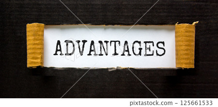 Advantages symbol. Concept word Advantages on beautiful white paper. Beautiful black paper background. Business advantages concept. Copy space. 125661533