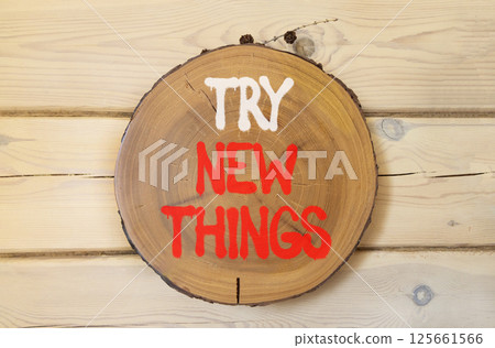 Try new things symbol. Concept words Try new things on beautiful wooden circle. Beautiful wooden wall background. Business motivational lifestyle try new things concept. Copy space. 125661566