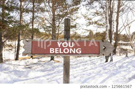Belonging and you belong symbol. Concept words You belong on beautiful wooden old retro vintage road sign. Beautiful winter forest background. Business belonging and you belong concept. Copy space. 125661567