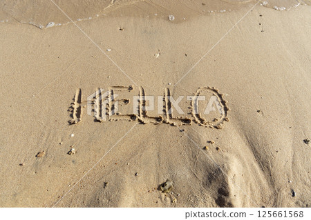 Business hello and welcome concept. Concept word Hello written on beautiful Red sea ocean sand beach. Beautiful Red sea ocean sand beach background, copy space. Business hello and welcome concept. Business hello and welcome concept. Concept word Hello written on beautiful Red sea ocean sand beach. Beautiful Red sea ocean sand beach background, copy space. Business hello and welcome concept. 125661568
