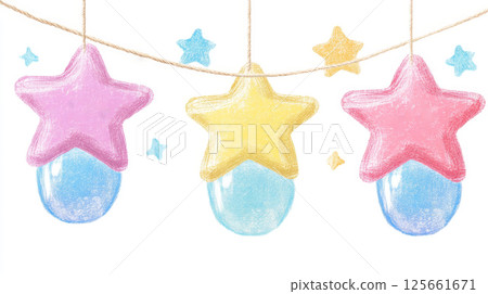 Minimalist illustration of hanging stars on string in barbicore painterly style Minimalist illustration of hanging stars on string in barbicore painterly style 125661671