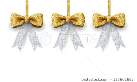 Glittering gold and silver bows hanging on white background, festive PNG design 125661692