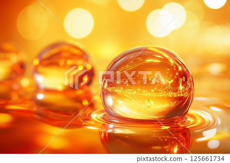 Golden glass bubble with fluid reflections and glowing light in abstract space 125661734