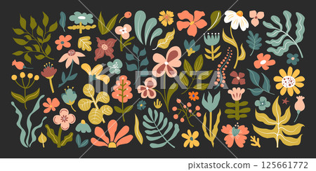 Hand-drawn set of abstract botanical flowers and leaves in earthy retro color palette. Floral doodle clipart for stickers, fabric prints, posters, greeting cards, scrapbooking and digital design. Hand-drawn set of abstract botanical flowers and leaves in earthy retro color palette. Floral doodle clipart for stickers, fabric prints, posters, greeting cards, scrapbooking and digital design. 125661772