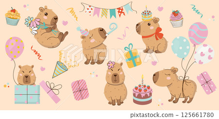 Festive vector set in funky hand-drawn style of clipart featuring cute capybaras with balloons, cake and gifts at birthday party. Great for cards, invitations, holiday designs.Happy Birthday concept. 125661780