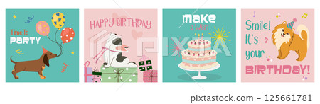 Festive Happy Birthday cards in retro cartoon style. Cute cheerful hand-drawn dogs in hats with cake, presents and balloons. Bright vector templates for invitations, greeting cards, posters. 125661781