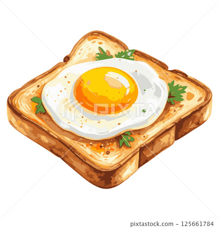 Watercolor illustration of toast with fried egg AI generation 125661784