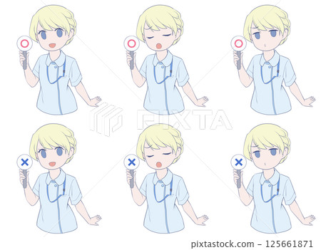 Blonde female nurse holding a plus or minus stick, 3 facial expressions and 2 symbol sets Blonde female nurse holding a plus or minus stick, 3 facial expressions and 2 symbol sets 125661871