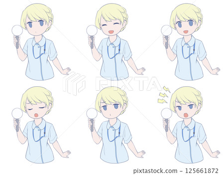 Blonde female nurse holding a blank placard, set of 6 facial expressions Blonde female nurse holding a blank placard, set of 6 facial expressions 125661872