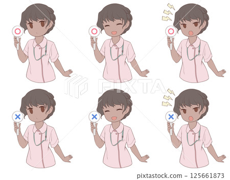 A dark-skinned female nurse holding a circle with three different expressions and two different symbols A dark-skinned female nurse holding a circle with three different expressions and two different symbols 125661873