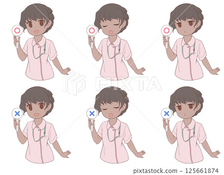 A dark-skinned female nurse holding a circle with three different expressions and two different symbols A dark-skinned female nurse holding a circle with three different expressions and two different symbols 125661874