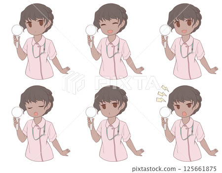 A set of 6 facial expressions of a dark-skinned female nurse holding a plain placard A set of 6 facial expressions of a dark-skinned female nurse holding a plain placard 125661875