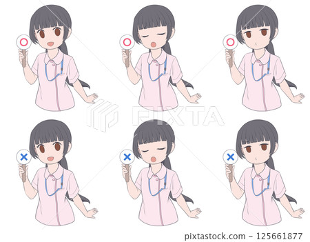 A black-haired female nurse holding a round dot, 3 facial expressions and 2 symbol sets A black-haired female nurse holding a round dot, 3 facial expressions and 2 symbol sets 125661877