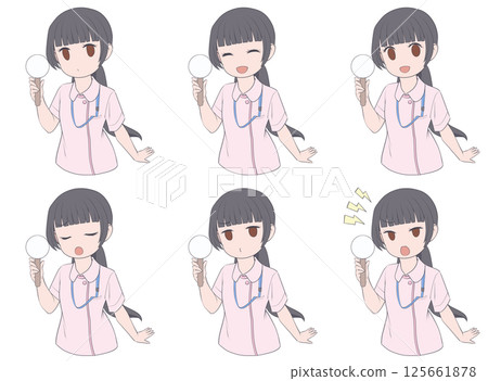 一組六種表情的黑髮女護士拿著一張普通的標語牌 125661878