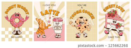 Posters set with retro groovy cheerful desserts characters. Retro cartoon branding mascots for cafe, restaurant, bar. Funky vector illustration with a donut, cake, cookie, coffee and croissant. 125662268