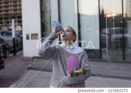 Pretty child girl drinking water from a bottle and holding skateboard outdoors 125662275